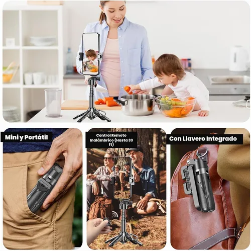 Vista 7 de Palo selfie multifuncional 4 en 1 y trípode para iPhone/Android, rotación de 360 grados, con control remoto, portátil para creadores de contenido