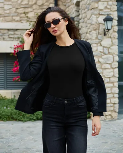 Vista 4 de LILYSUM Body de manga larga para mujer, cuello redondo, tejido acanalado, ajustado, ajustado