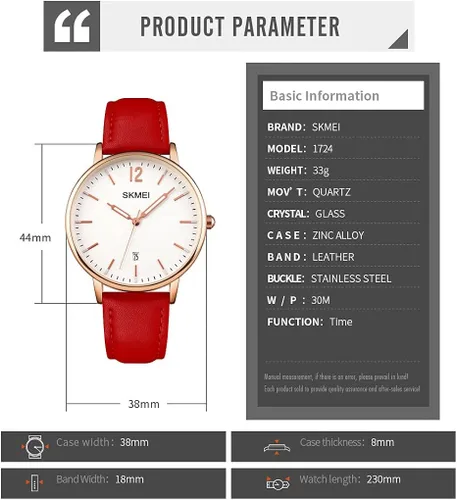 Vista 6 de SKMEI Womens Watches for Ladies Female Leather Band Big face Waterproof Thin Minimalist Fashion Casual Simple Dress Analog Quartz with Date Luminous