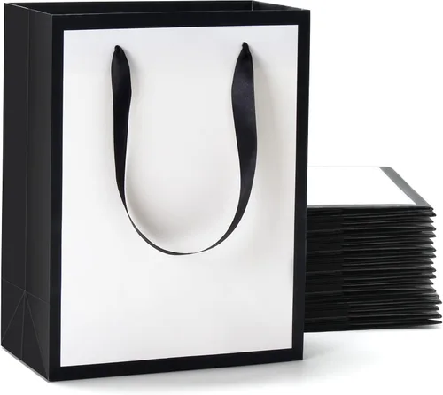 Vista 11 de Bolsas de regalo negras y doradas con asas, 20 unidades de 8 x 4.25 x 10.5 pulgadas Negro dorado