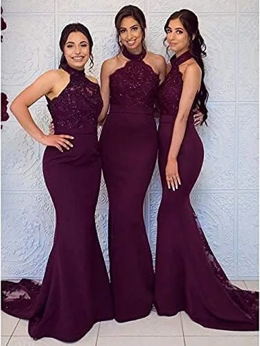 Vista 4 de Vestido de dama de honor de sirena con cuello para mujer, vestido de fiesta largo de encaje, Rosado