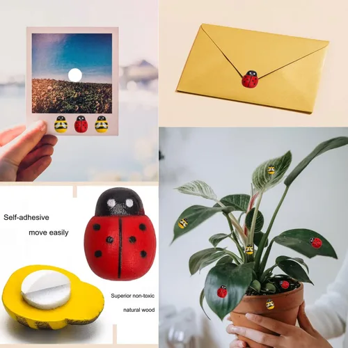 Vista 4 de 200 adornos de madera para manualidades, abejas, autoadhesivas, para decoración del hogar, pequeñas mariquitas, calcomanías de decoración de pared