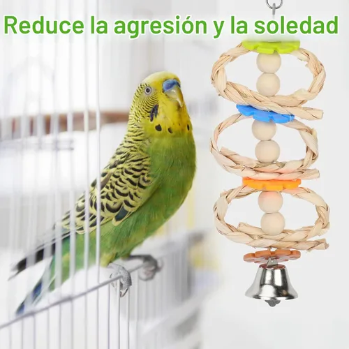 Vista 7 de BWOGUE Paquete de 7 juguetes para loros de pájaros, juguetes de madera natural para masticar, escalar, colgar y hamaca para periquitos pequeños