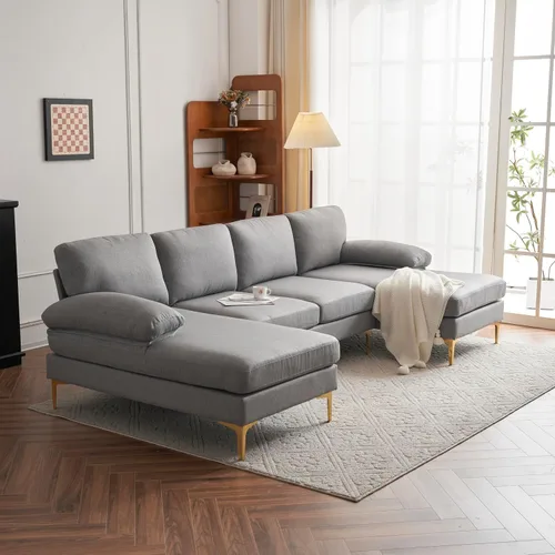 Vista 10 de Alexent Sofá seccional moderno en forma de U con diván doble, sofá de tela moderno con pies de latón para sala de estar, (gris oscuro)