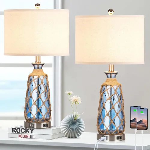Vista 13 de Ruzectt Lámparas de mesa de cristal costero, lámparas de noche regulables de 3 vías con control táctil con 2 puertos USB y salida de CA, lámparas