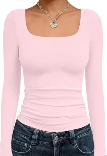 Vista 21 de Trendy Queen - Camisas ombligueras para mujer, manga larga, cuello cuadrado, básicas, para salir, de invierno, Y2K Albaricoque