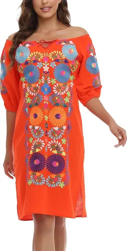 Vista 5 de YZXDORWJ Vestido bordado mexicano de manga corta para mujer