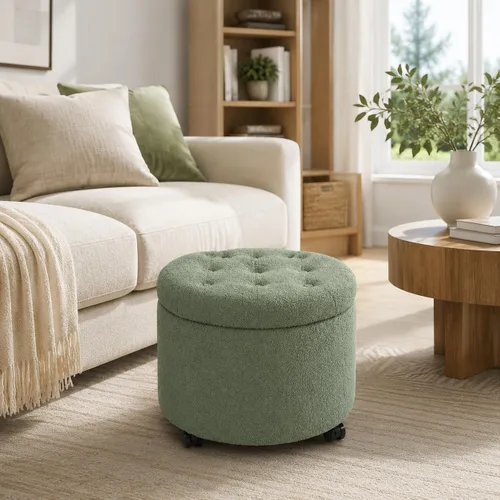 Vista 12 de Adeco Otomana redonda de almacenamiento, taburete tapizado para maquillaje, taburete de terciopelo para dormitorio, dormitorio beige