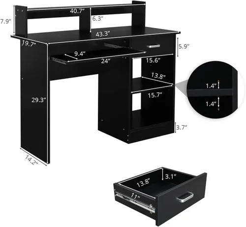 Vista 3 de Karl home Escritorio para ordenador de estudio y escritura, mesa para PC y portátil de madera para oficina en casa con estante de cajón, bandeja
