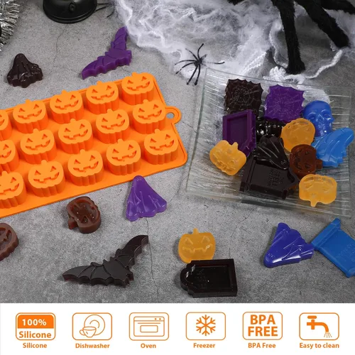Vista 5 de Webake Molde de chocolate de Halloween con forma de calabaza Jack-O-Lantern, calavera, lápida, fantasma, murciélago y araña, moldes de silicona