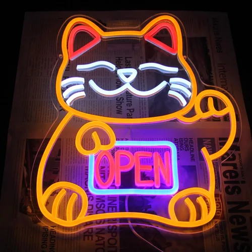 Vista 7 de Letrero de neón de gato de la suerte, letreros LED abiertos para decoración de habitación japonesa, luz de neón de gato de la fortuna regulable