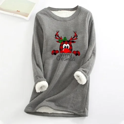 Vista 2 de Ceboyel Sudaderas navideñas con forro polar para mujer, con estampado de renos, suéter de moda, ropa cálida de invierno 2023