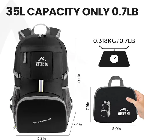 Vista 5 de Venture Pal 35L Ultraligero Ligero Plegable Plegable Viaje Camping Senderismo Deportes al aire libre Mochila Daypack