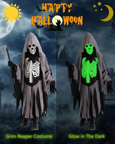 Vista 3 de Disfraz de parca de Halloween para niños, disfraz de esqueleto blanco oscuro con accesorios para cosplay de la parca de calavera