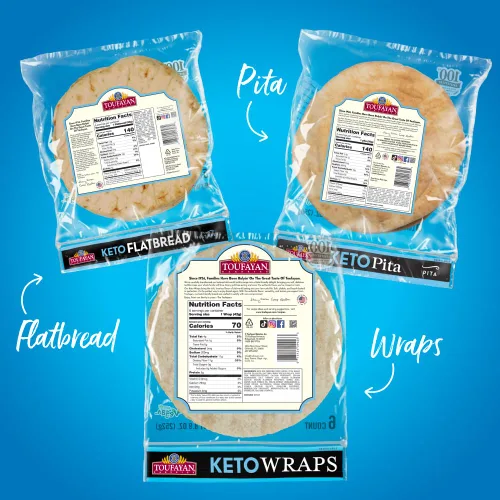 Vista 2 de Toufayan KETO - Paquete variado de pan, incluye pan de pita, pan plano y envolturas (paquete de 3)