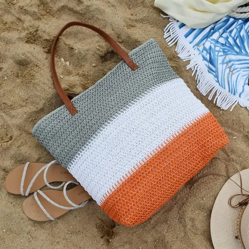 Vista 41 de Bolso grande de paja para mujer, tejido de ratán, bolso de playa de verano, a rayas