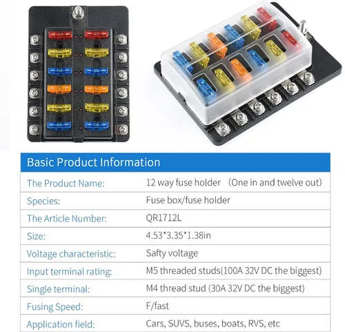 Vista 6 de Cuchilla de caja de fusibles de 12 vías de 12 V, caja de fusibles de 12 V con indicador LED, cubierta de humedad y polvo, soporte de caja