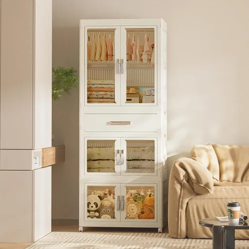Vista 3 de Armario portátil para niños con puertas, armario de almacenamiento de plástico para bebés con barra colgante, armario para ropa de niños