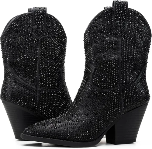 Vista 2 de Trary Botas vaqueras occidentales para mujer, puntera puntiaguda, tacón bajo, botas de tobillo de meter, botas de vaquero de moda para conciertos