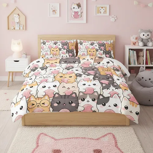 Vista 21 de QOOMO Edredón floral de gato tamaño Twin, juego de ropa de cama de gato rosa para niños, adolescentes y niñas, juego de ropa de cama de 3 piezas