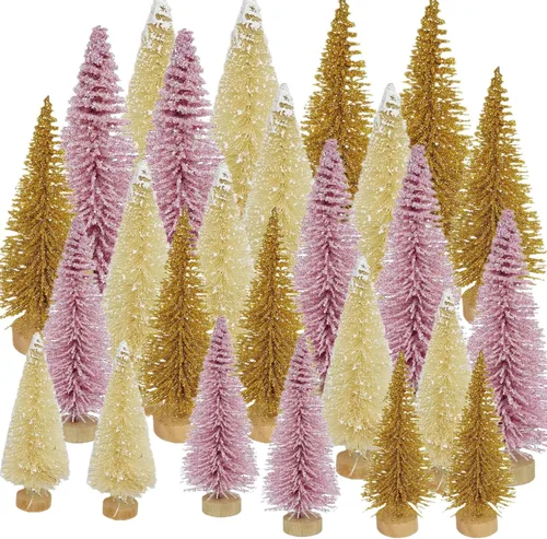 Vista 8 de 24 piezas de árboles de cepillo para botellas, decoración de Navidad, mini árbol de Navidad blanco con base de madera, árbol de pino de sisal