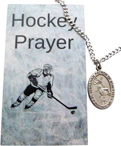 Vista 8 de Westmon Works Collar de medalla de peltre de hockey con cadena de acero inoxidable de San Sebastián, juego en caja con tarjeta de oración, joyería