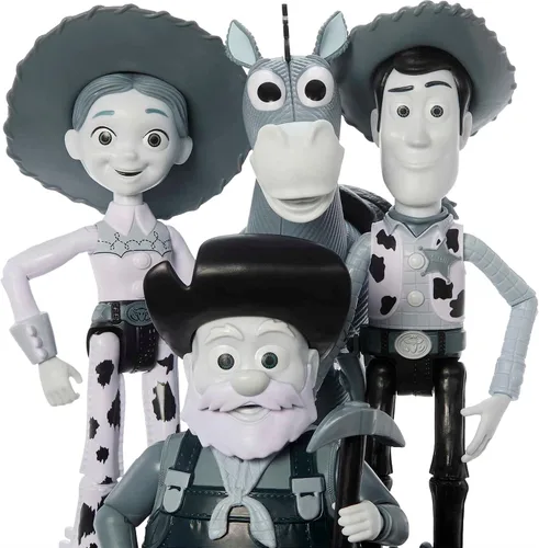 Vista 2 de Mattel Disney y Pixar Set de Toy Story con 4 Figuras de Acción, Paquete de Rodeo Blanco y Negro de Woody con Woody, Jessie, Bullseye y Pete