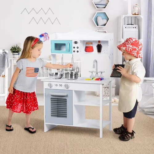 Vista 2 de Costzon Juego de cocina para niños, cocina de madera con fregadero, horno, microondas, estufa, ollas, utensilios, juego de cocina con estante