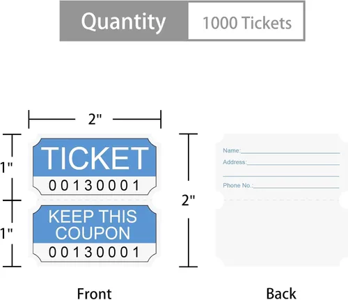 Vista 2 de ESSENTIAL 1000 Blue Double RaffleTickets Roll, rollo de boletos 50/50 Boletos para rifas imprimibles para ocio, ver películas, entretenimiento