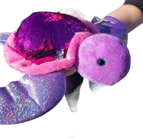 Vista 5 de Zugar Land Peluche reversible de tortuga marina con lentejuelas (11 pulgadas), diseño de lentejuelas reversibles, color rosa intenso/plateado