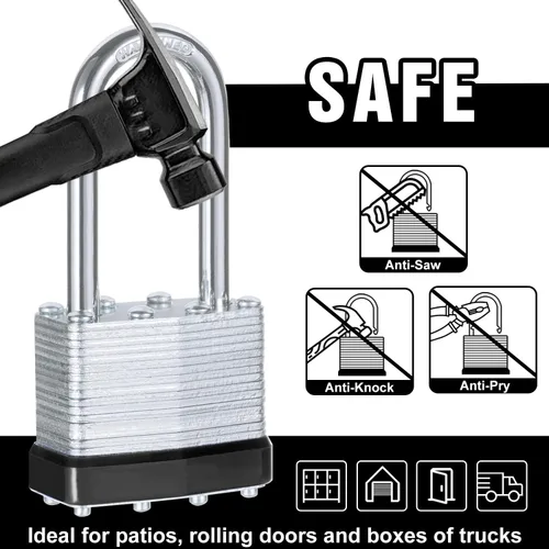 Vista 6 de 6 candados con las mismas llaves, acero laminado negro plata (1-9/16 pulgadas, 1.575 in), grillete largo para cobertizos, puertas, vallas, caja
