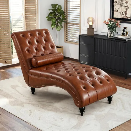 Vista 23 de Tumbona de piel sintética para interiores con almohada, moderna tumbona, sillas ergonómicas tapizadas de poliuretano sin brazos con botones