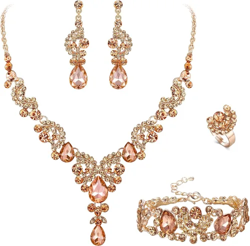 Vista 16 de Ever Faith - Conjunto de collar y aretes de lágrima con cristales de diamantes de imitación para novia, ondas florales