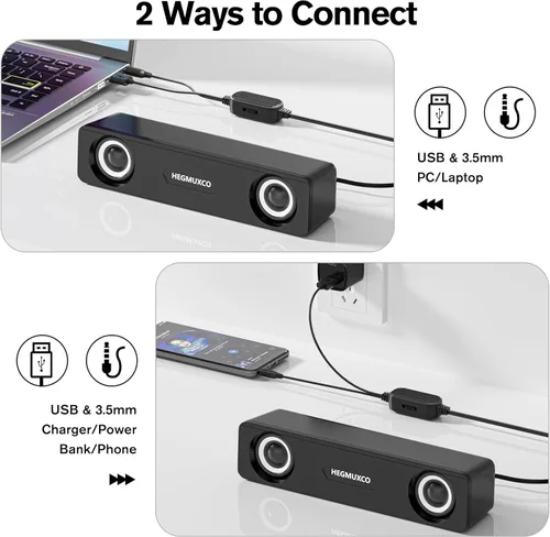 Vista 6 de [Usado] Altavoz estéreo con cable de 10 W, altavoces compactos para PC de escritorio, alimentación USB, entrada de audio de 0.138 in, barra