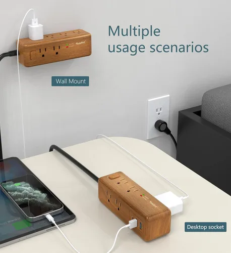 Vista 7 de Regleta de alimentación con 8 tomacorrientes con 2 puertos USB-A+1USB-C, estación de carga, cable de extensión larga, enchufe plano en ángulo recto