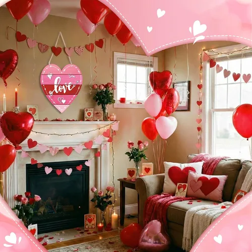 Vista 7 de Jetec Letrero de puerta para el día de San Valentín de doble cara con corazón de feliz día de San Valentín, búfalo a cuadros rústicos de casa