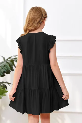 Vista 3 de Mafulus Vestido de manga con volantes para niñas, cuello en V, botones, escalonado, acampanado, vestido de verano para la playa, 5-14T