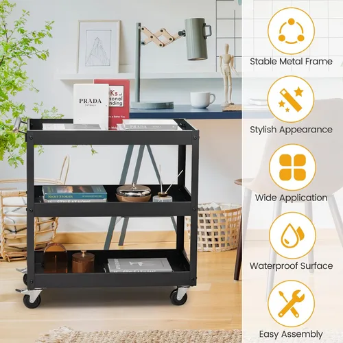 Vista 4 de Goplus Carrito utilitario de 3 niveles, carrito de herramientas de servicio comercial resistente con ruedas bloqueables, capacidad de carga de 330