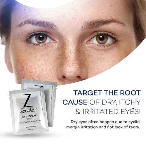 Vista 2 de Zocular Zocuwipe - Toallitas para párpados, limpieza e hidratación suaves, 15 unidades Okra-based Cleansing Formula, Eyelid Hygiene, Eyelid