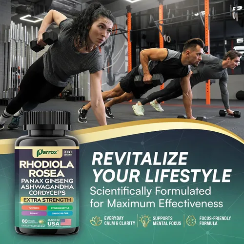 Vista 6 de Rhodiola Rosea Panax Ginseng Ashwagandha Cordyceps Champiñón Cúrcuma Ginkgo Biloba Ortiga Adaptógeno Mezcla Suplemento Cápsulas para Apoyo Diario