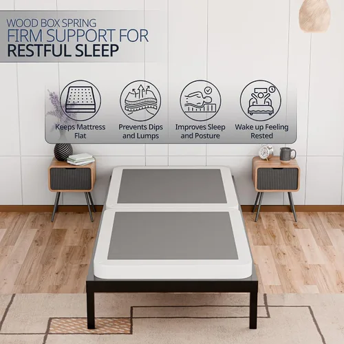 Vista 3 de Nutan, Somier de madera resistente de 2 pulgadas para soporte de colchón, duradero y totalmente montado, base de madera natural para cama Blanco