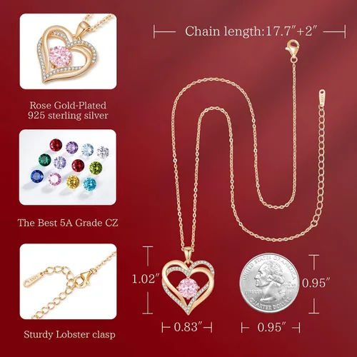 Vista 4 de LOUISA SECRET Love Heart Birthstone Necklaces for Women, 925 Sterling Silver Women Pendant Necklace, Valentine's Day Gift for Her Birthday