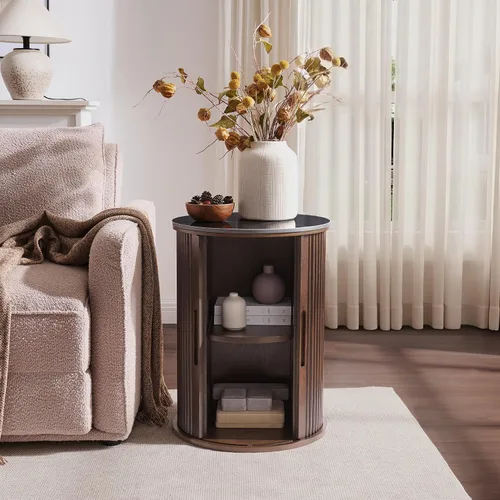 Vista 3 de Mesa auxiliar redonda acanalada, mesa auxiliar con tapa de mármol sintético negro con almacenamiento, mesita de noche moderna de mediados de siglo