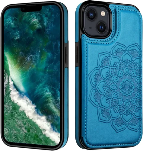 Vista 7 de MMHUO para iPhone 14 Funda con Tarjetero, Funda Flip Magnética con Flores en la Parte Posterior para Cartera de iPhone 14 para Mujeres, Funda Azul