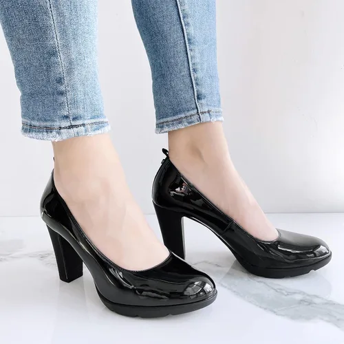 Vista 5 de JENN ARDOR Zapatos de tacón grueso con punta redonda para mujer, tacón de bloque medio, zapatos de plataforma, para oficina, trabajo, boda, noche