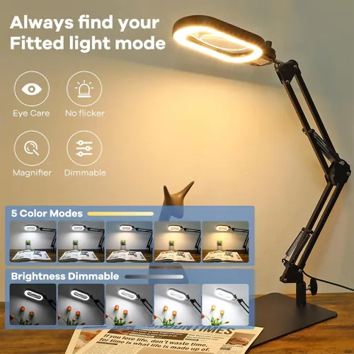 Vista 5 de Lupa rectangular 10X con luz y soporte, lupa iluminada de cristal real, manos libres, perilla mecánica, 5 modos de color, regulable sin escalones