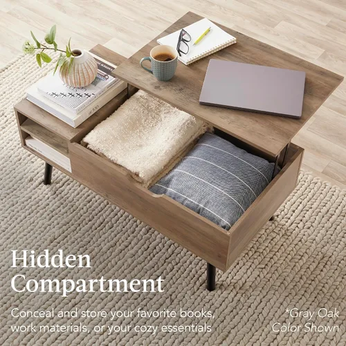 Vista 5 de Best Choice Products Mesa auxiliar elevable, mesa de centro multifuncional de madera de mediados de siglo para sala de estar con almacenamiento