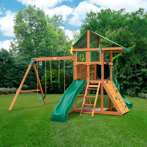 Vista 2 de Gorilla Playsets 01-1089 Avalon Treehouse - Juego de columpio con techo de vinilo verde de gran tamaño, tobogán de tubo giratorio, pared