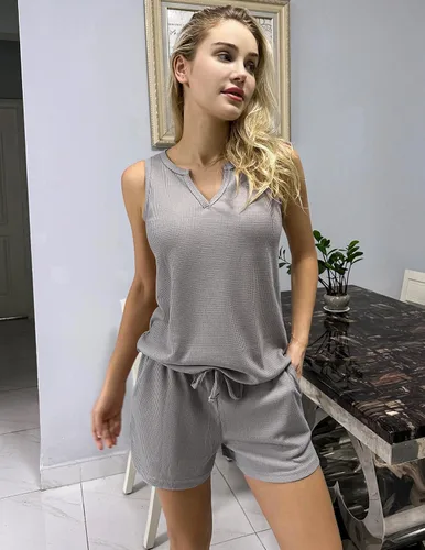 Vista 2 de Ekouaer Conjunto de pijama sin mangas con cuello en V y waffle, ropa de dormir