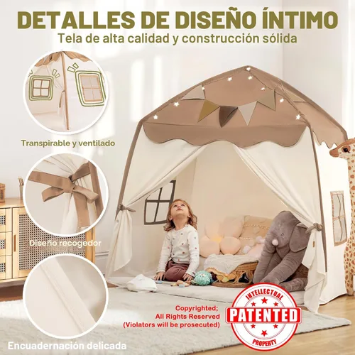 Vista 6 de Tienda de Juegos Extra Grande para Niños con Banderas y Luces de Estrella, Tipi Portátil y Plegable, Tiendas de Cama Dosel de Cama para Niños